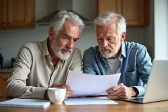 Couple senior français examinant des documents officiels