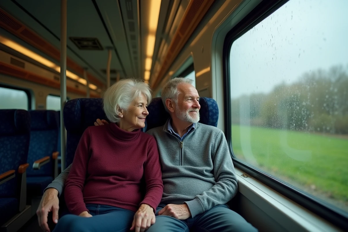Couple de seniors voyageant en train grâce à la Carte Avantages SNCF en France
