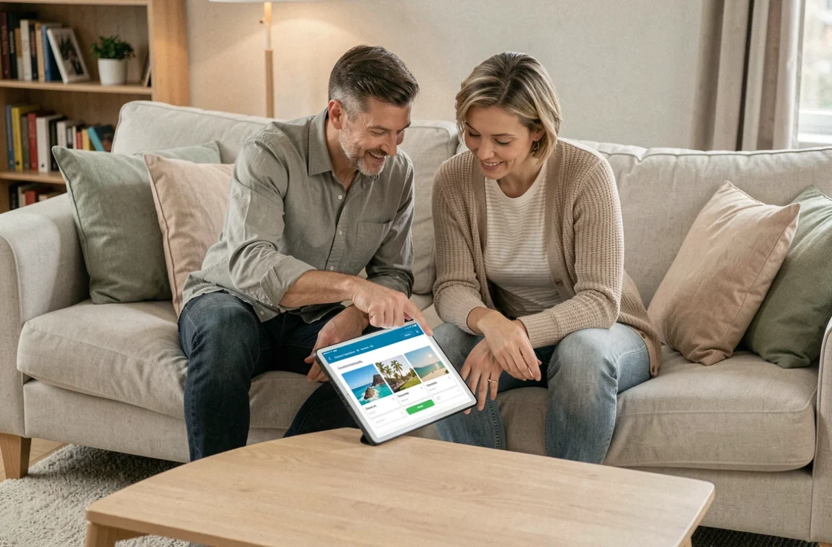 Couple consultant une tablette pour lier le compte Scolinfo aux Chèques Vacances ANCV en famille