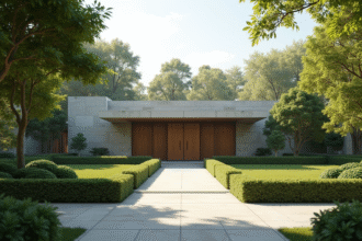 Extérieur d'un crématorium moderne avec jardin paisible