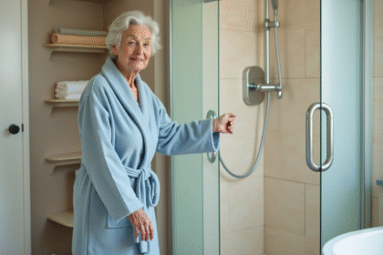 Femme âgée dans une douche moderne et accessible
