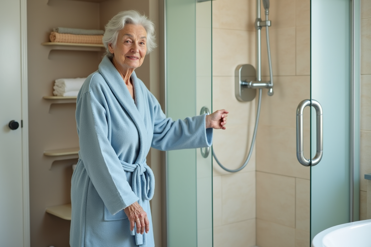 Femme âgée dans une douche moderne et accessible