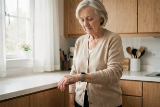 Femme âgée portant un détecteur de chute au poignet dans une cuisine moderne, regardant l'appareil avec sérénité