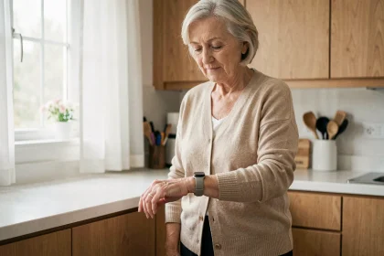 Femme âgée portant un détecteur de chute au poignet dans une cuisine moderne, regardant l'appareil avec sérénité
