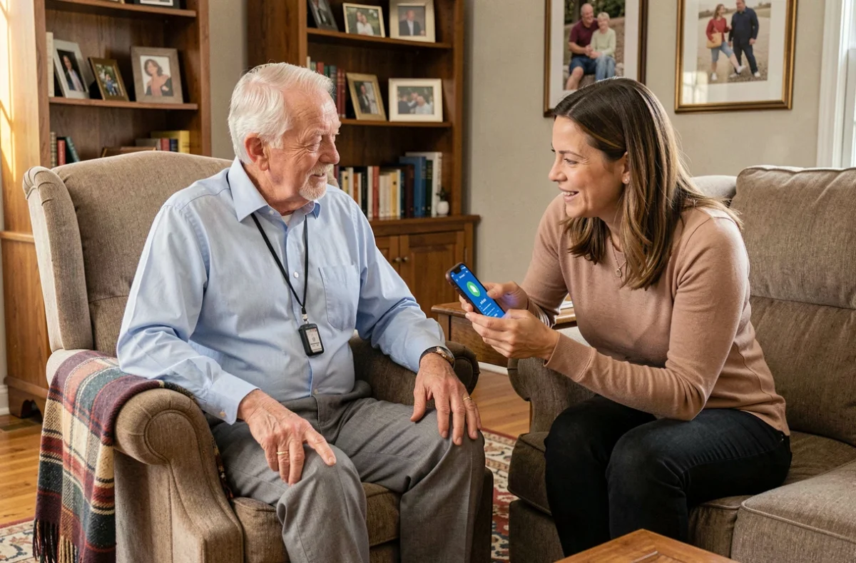 Senior homme avec un dispositif d'alerte chute au cou discutant avec sa fille qui consulte une application d'alerte sur smartphone dans un salon