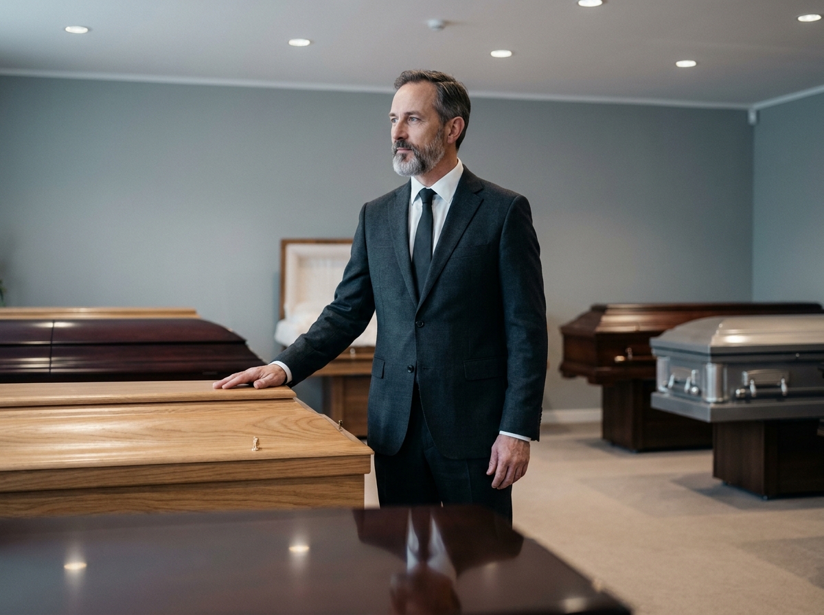 Directeur de pompes funèbres présentant un cercueil en bois dans la salle d'exposition d'une entreprise funéraire professionnelle