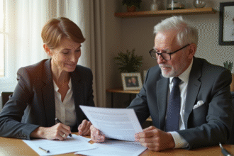 Femme élégante et homme âgé discutant finances soutien