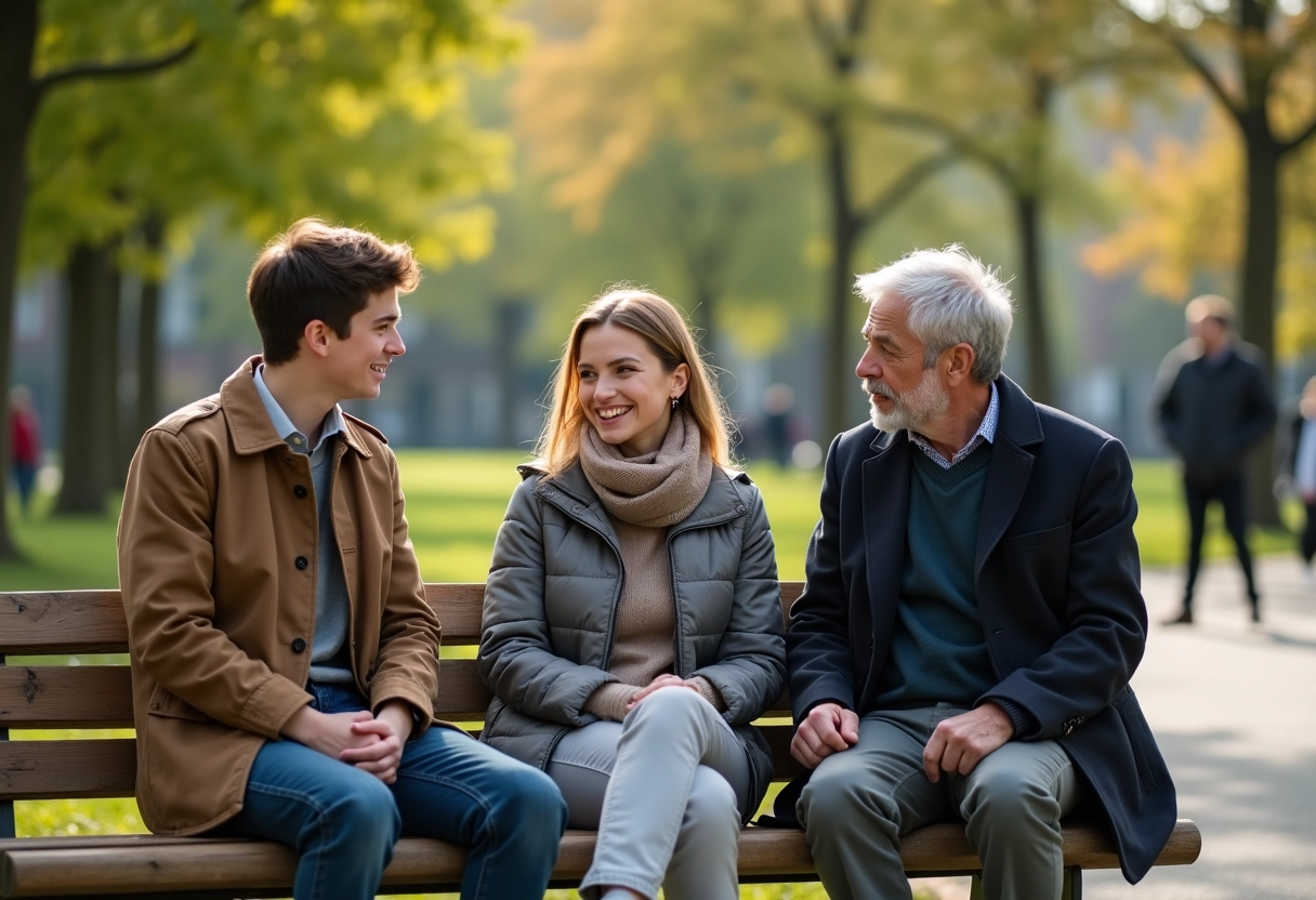 Groupe intergénérationnel discutant dans un parc ensoleille