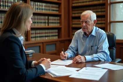 Un homme de 80 ans consulte une conseillère fiscale dans un bureau notarial pour comprendre les pièges fiscaux liés aux donations