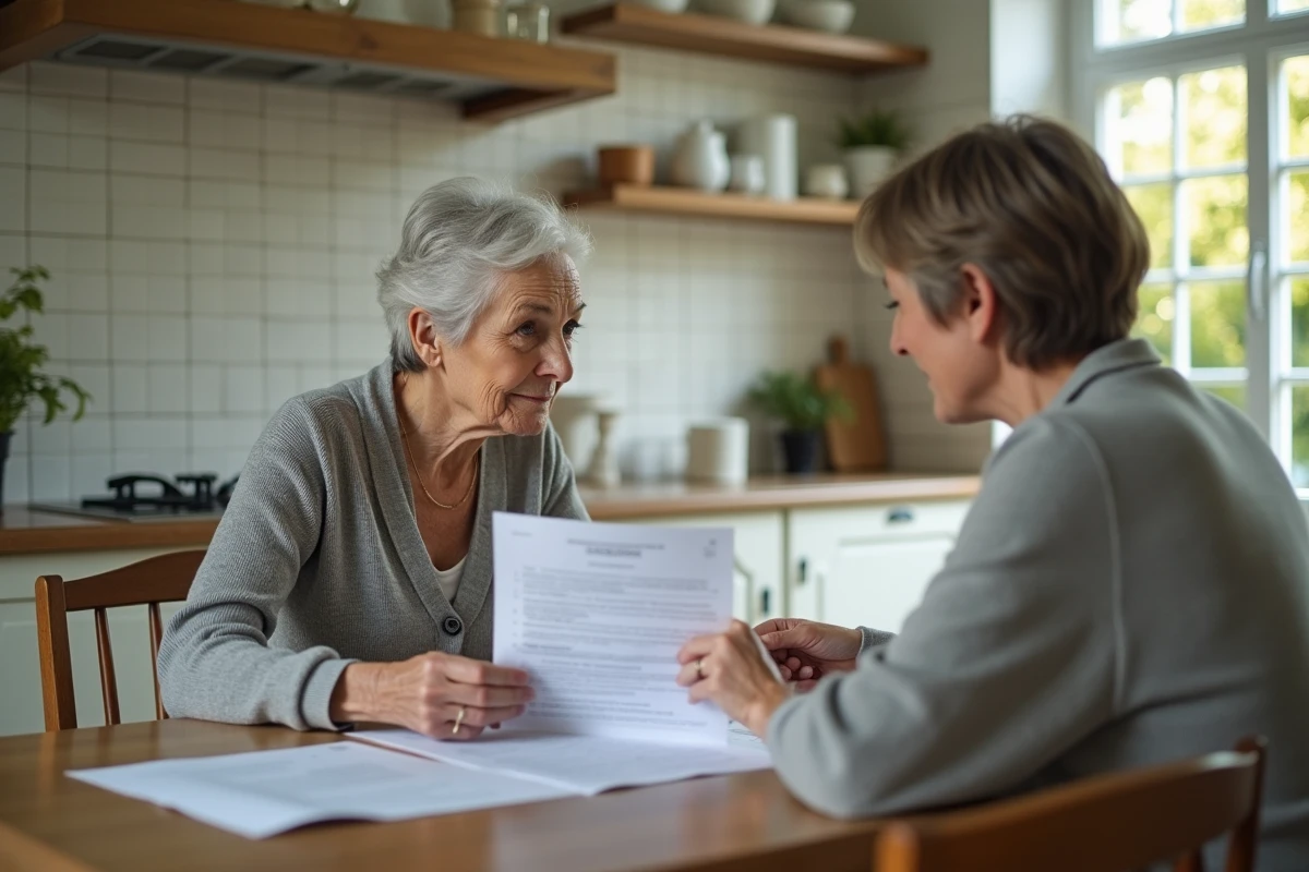 Une femme âgée de plus de 80 ans examine des documents fiscaux liés à une donation avec sa fille adulte autour de la table familiale