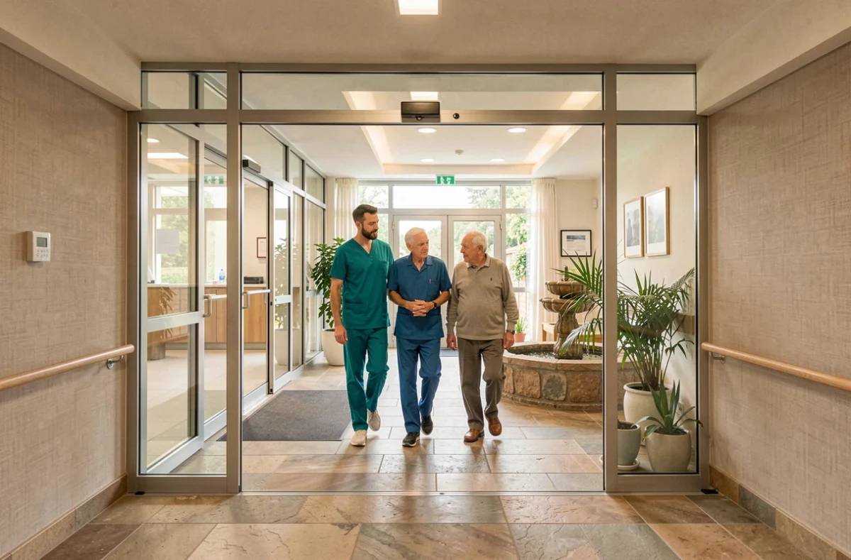 Soignant accompagnant un résident dans le hall d'accueil moderne de l'EHPAD Résidence Emeis Les Sources en Meurthe-et-Moselle