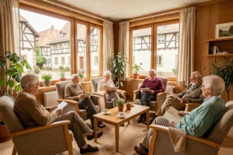 Résidents âgés dans le salon commun d'un EHPAD du Grand Est, ambiance chaleureuse avec architecture alsacienne en arrière-plan