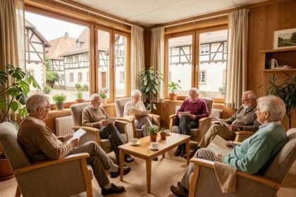 Résidents âgés dans le salon commun d'un EHPAD du Grand Est, ambiance chaleureuse avec architecture alsacienne en arrière-plan
