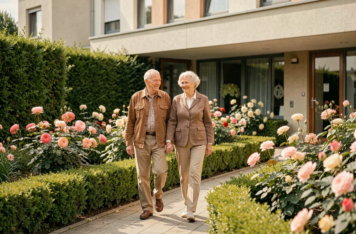 Couple de résidents se promenant dans le jardin fleuri de l'EHPAD Les Jardins d'Alsace à Amnéville en Moselle