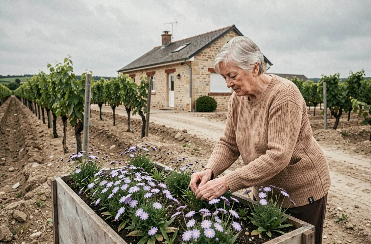 Résidente soignant des myosotis dans le jardin de l'EHPAD Les Myosotis à Avenay-Val-d'Or avec les vignes champenoises en arrière-plan