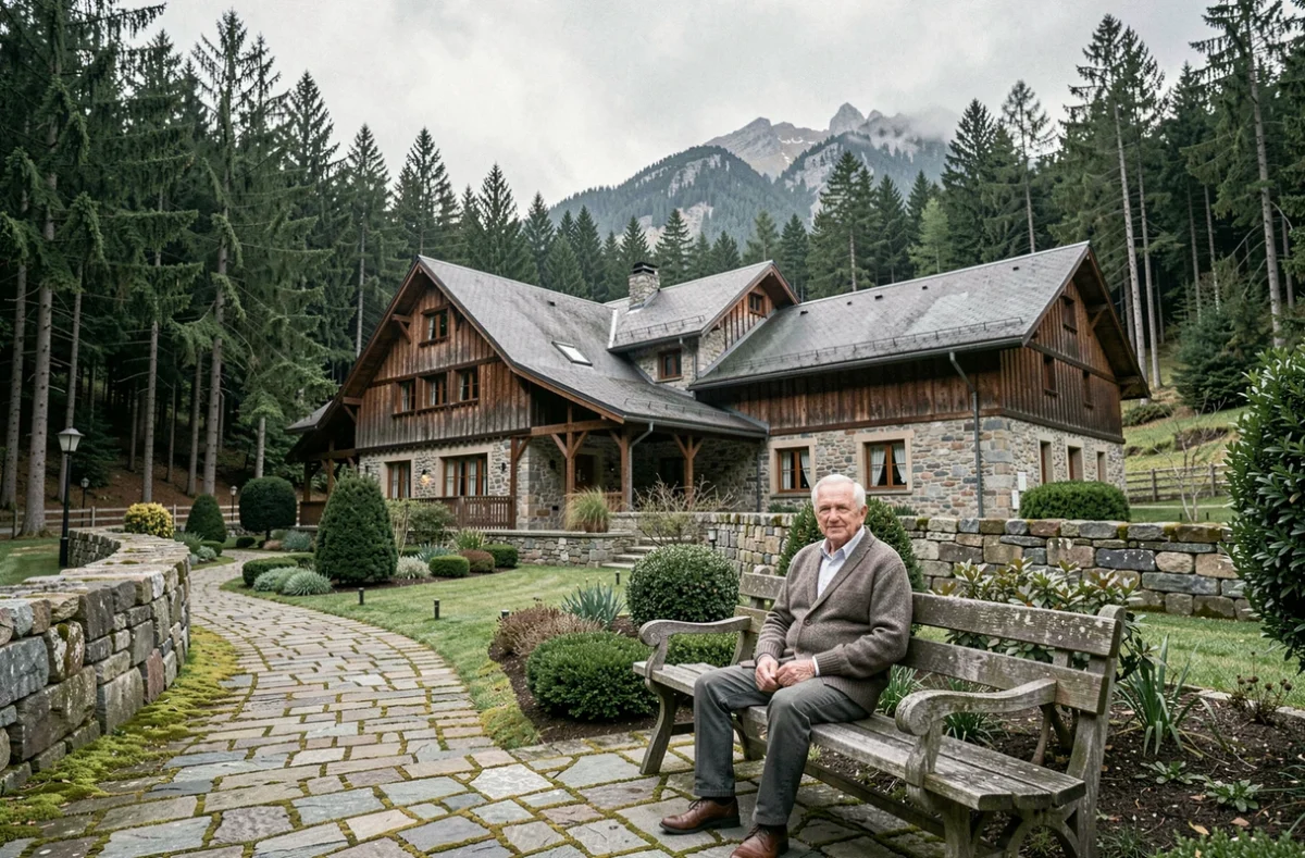 Extérieur de l'EHPAD Maison Louise Seitz à Granges-Aumontzey entouré de forêts vosgiennes, résident assis dans le jardin