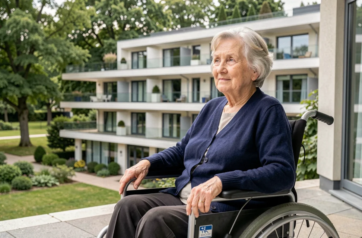 Résidente en fauteuil roulant profitant de la terrasse avec vue sur le parc de l'EHPAD Résidence du Parc à Laxou