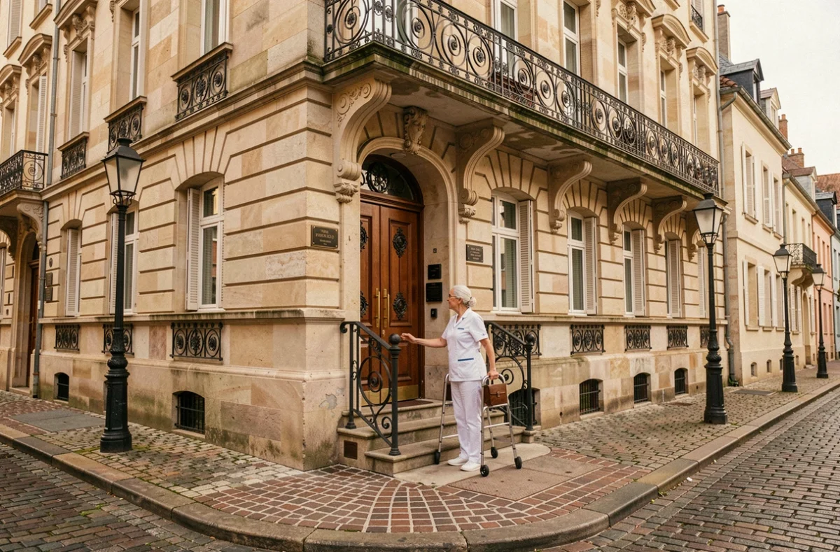 Entrée de l'EHPAD Résidence Saint-Joseph à Nancy avec une soignante accueillant un résident, façade en pierre style lorrain