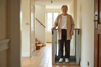 Élévateur PMR vertical installé dans un couloir résidentiel avec une femme âgée utilisant la plateforme