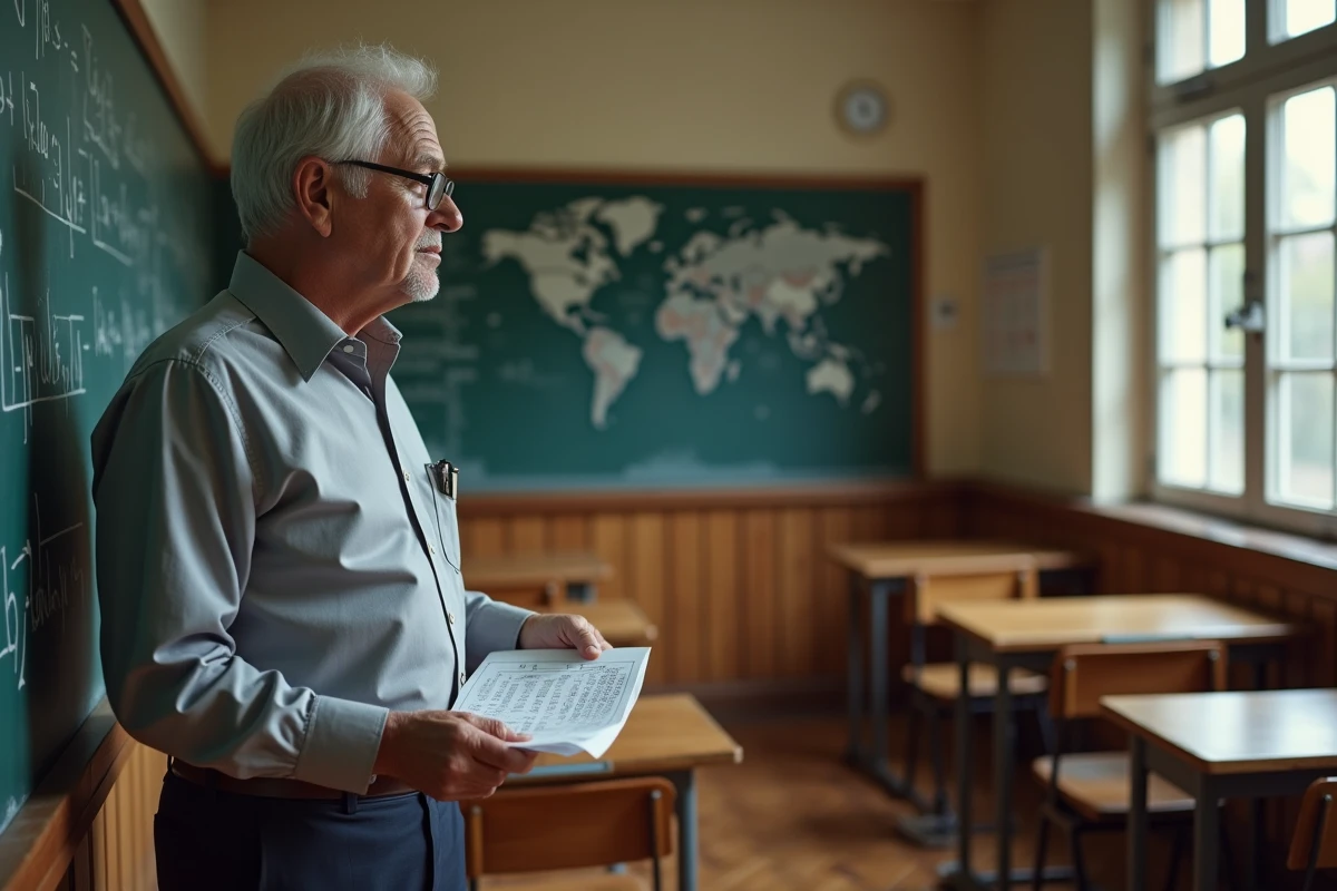 Enseignant agrégé tenant ses documents de pension dans une salle de classe traditionnelle française
