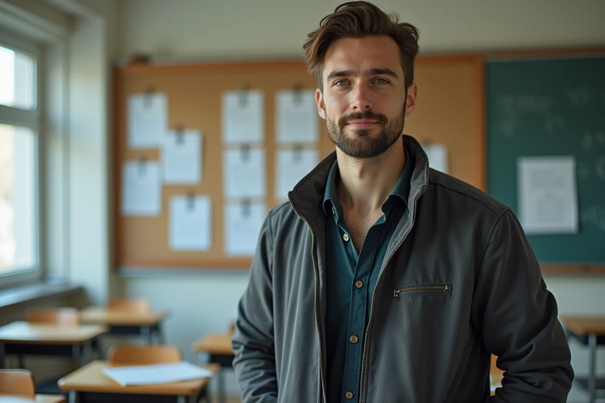 Jeune enseignant devant tableau avec définitions sur ASH