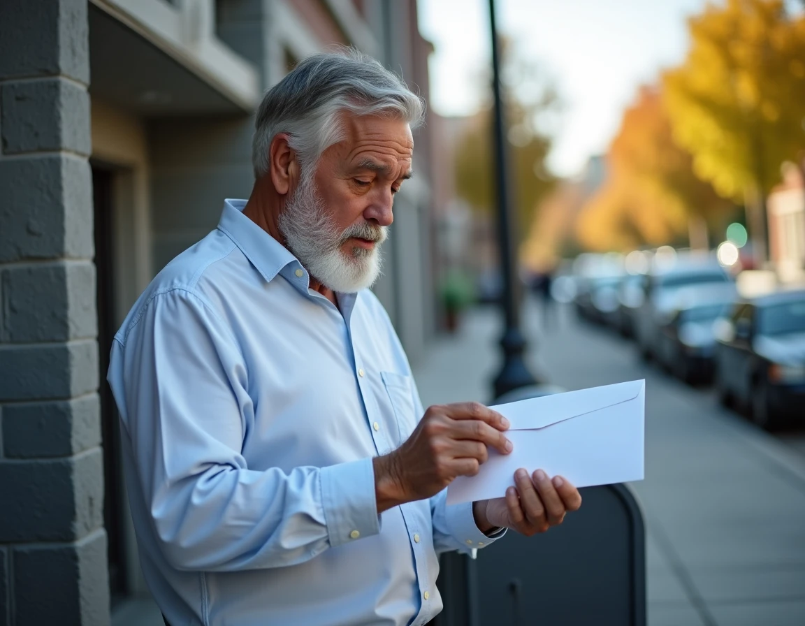 Homme senior envoyant une lettre officielle de départ à la retraite pour inaptitude devant un bâtiment professionnel