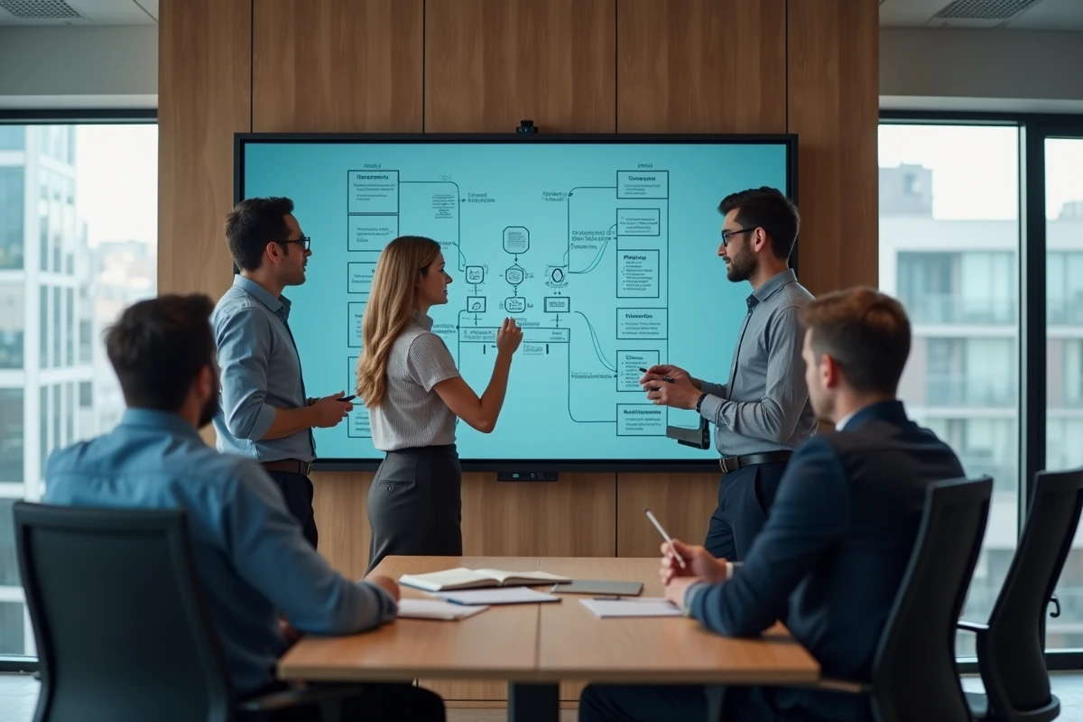 Groupe de collègues collaborant sur un tableau interactif