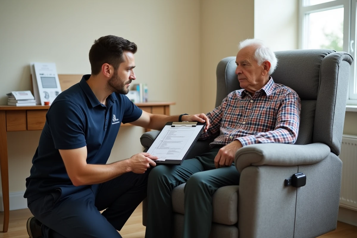 Ergothérapeute expliquant le fonctionnement d'un fauteuil releveur à un patient âgé avec une check-list