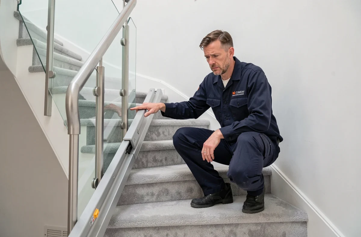 Technicien identifiant une erreur d'installation de rail de monte-escalier dans un appartement moderne