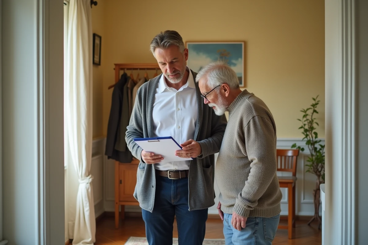 Conseiller en aide à domicile Gestea Senior évaluant les besoins d'un senior dans un couloir d'appartement lillois