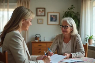 Évaluatrice médico-sociale remplissant la grille AGGIR avec une personne âgée à domicile