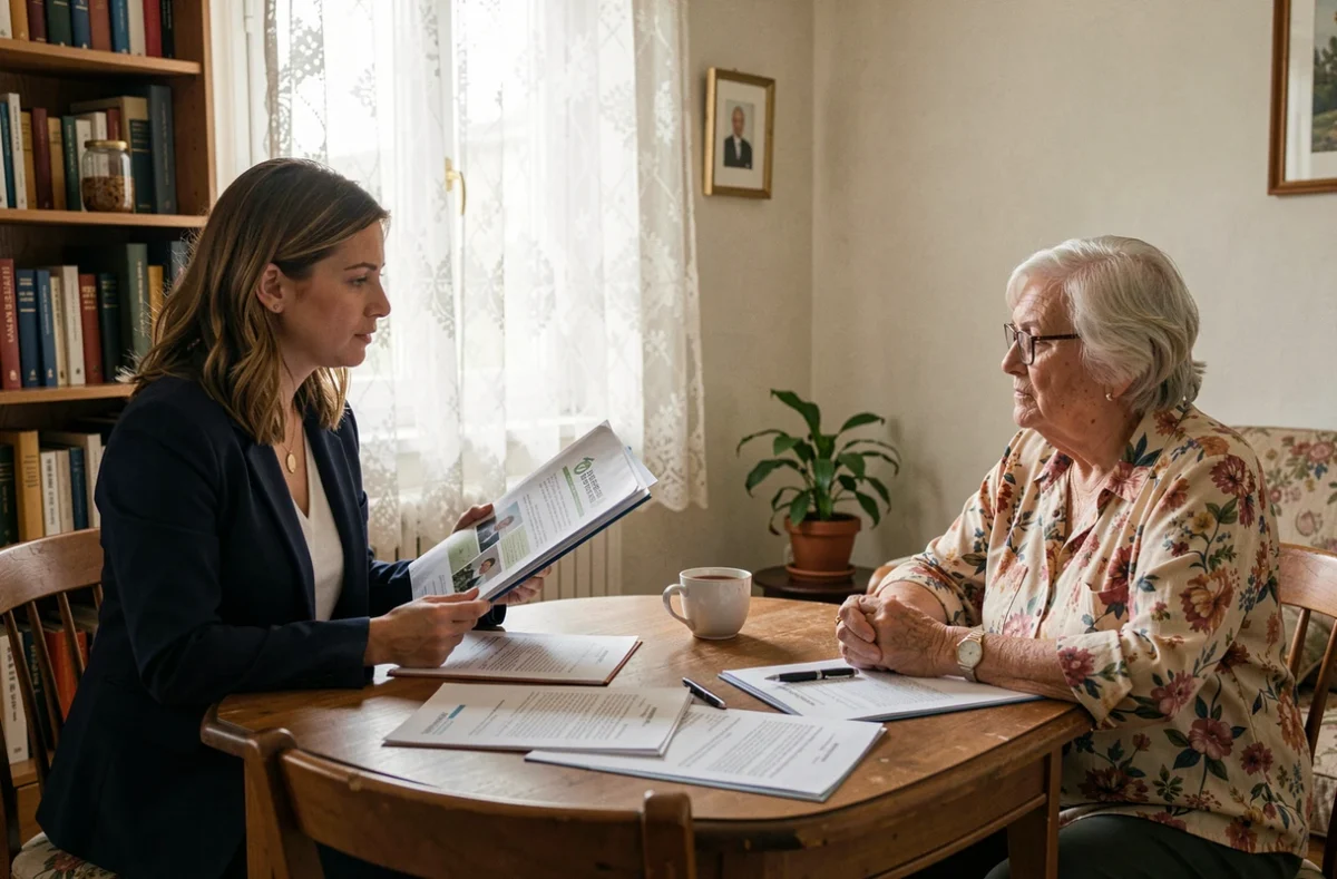 Travailleuse sociale et personne âgée discutant d'un plan d'aide à domicile autour d'un dossier, illustrant la différence entre SAD et SSIAD pour le maintien à domicile