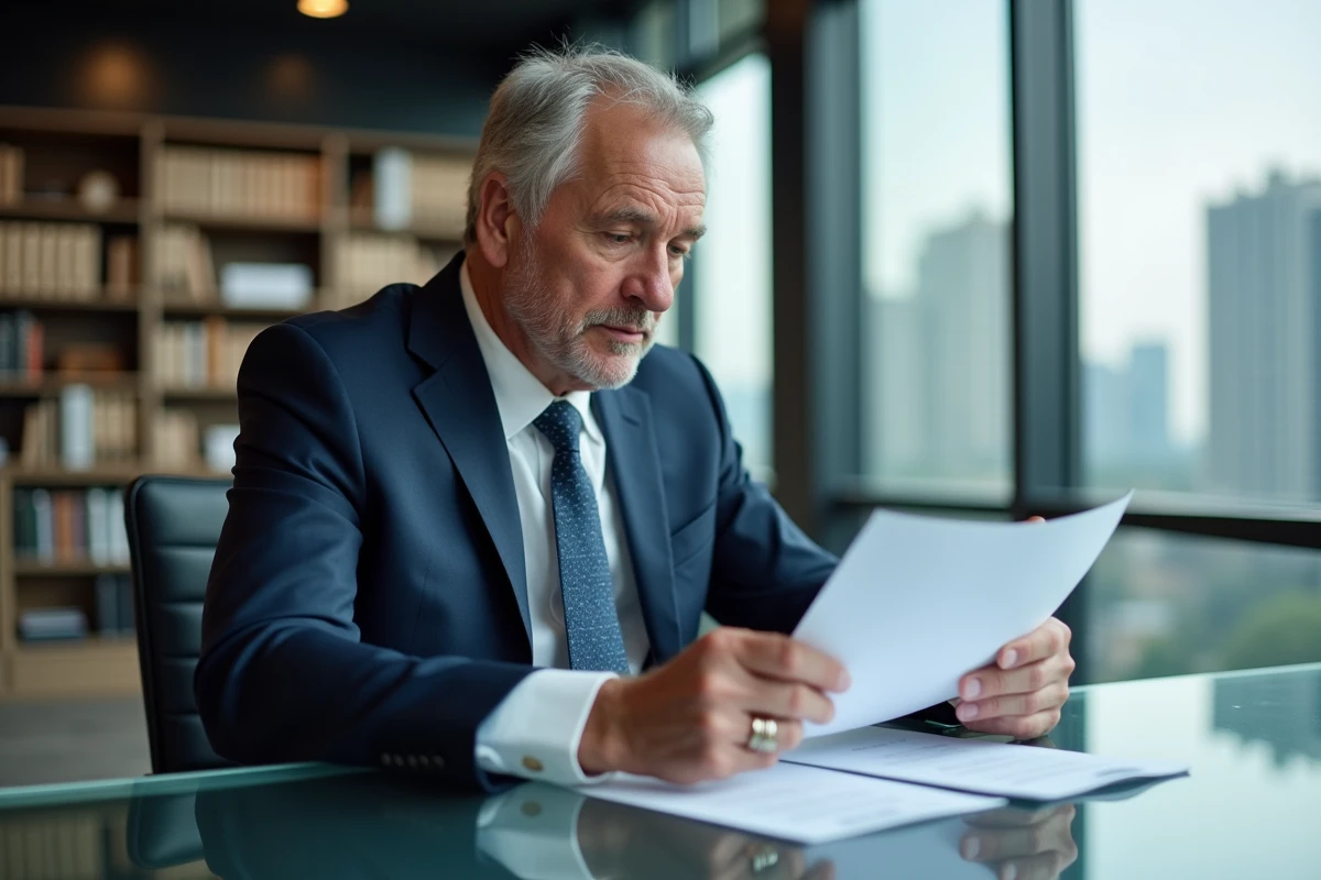Homme senior en costume navy dans un bureau moderne