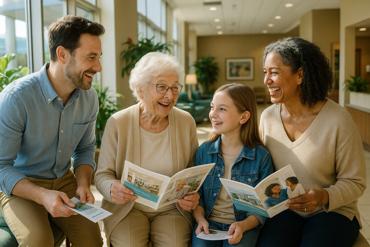 Famille multigenerational dans un lobby lumineux de résidence senior