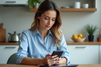 Femme activant une application de blocage d'appels dans sa cuisine