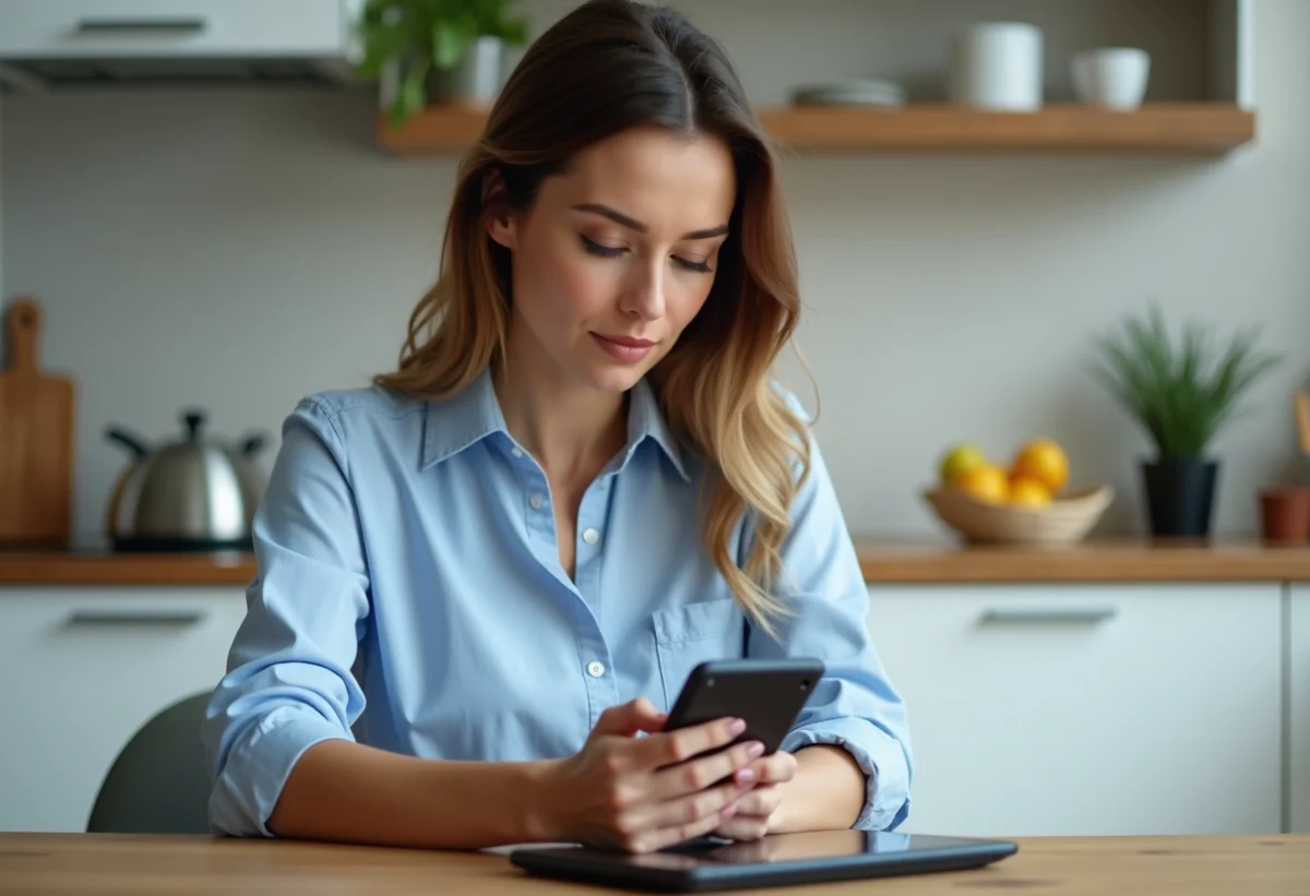 Femme activant une application de blocage d'appels dans sa cuisine