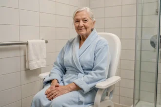 Femme âgée assise sur une chaise de douche médicale dans une salle de bain moderne et propre