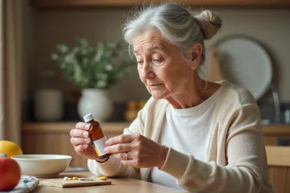 Femme âgée lisant l'étiquette d'un complément alimentaire booster à la table de sa cuisine