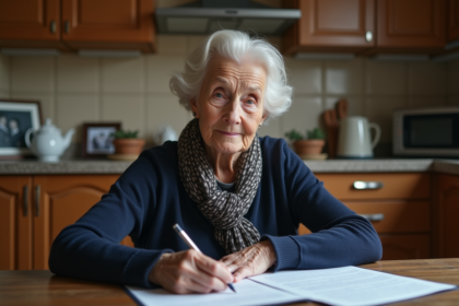Femme agee lisant un document dans sa cuisine chaleureuse