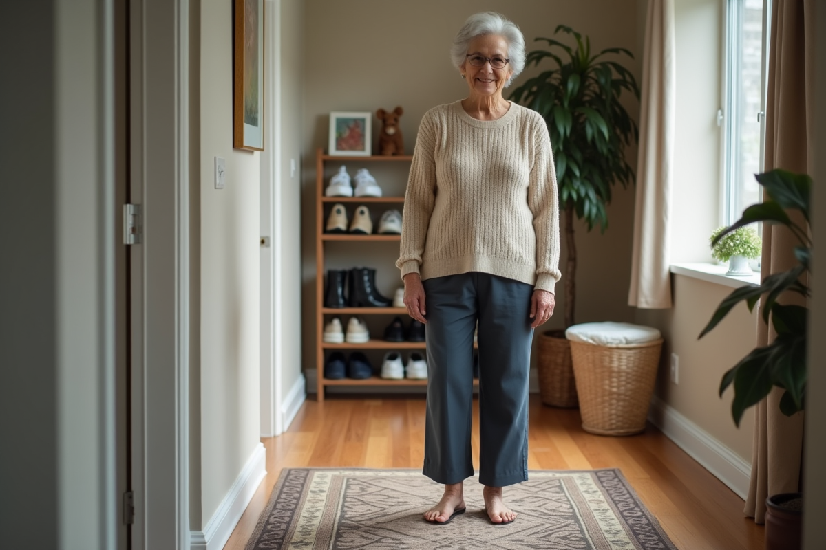 Femme âgée debout sur un tapis antidérapant à l'entrée de sa maison