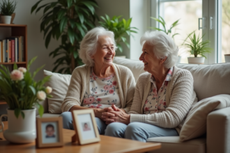 Femme agee souriante avec sa fille dans un salon chaleureux