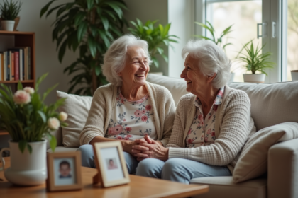 Femme agee souriante avec sa fille dans un salon chaleureux