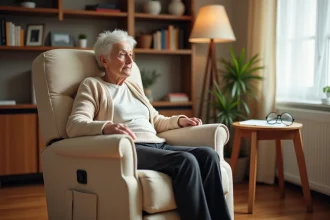 Femme âgée se relevant d'un fauteuil releveur électrique dans un salon confortable