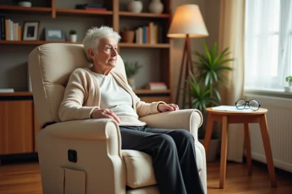 Femme âgée se relevant d'un fauteuil releveur électrique dans un salon confortable