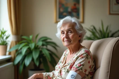Femme âgée portant une montre SOS dans un salon de maison de retraite