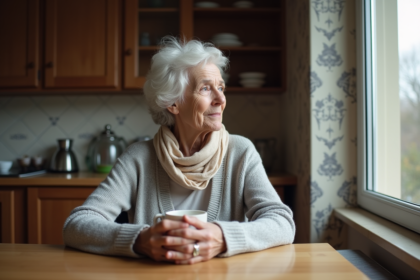 Femme âgée assise avec tasse dans un intérieur chaleureux