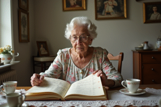 Femme agee feuilletant un calendrier religieux ancien