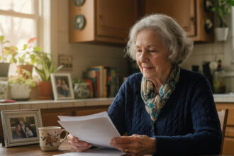 Femme âgée contemplant des documents d'assurance dans une cuisine chaleureuse