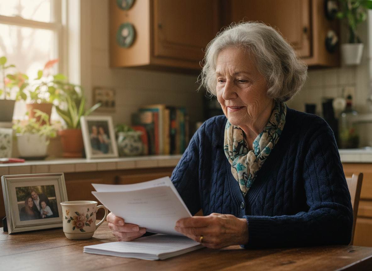 Femme âgée contemplant des documents d'assurance dans une cuisine chaleureuse
