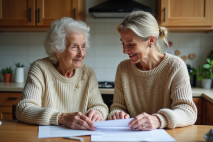 Femme aidant sa mère à remplir des papiers à la maison